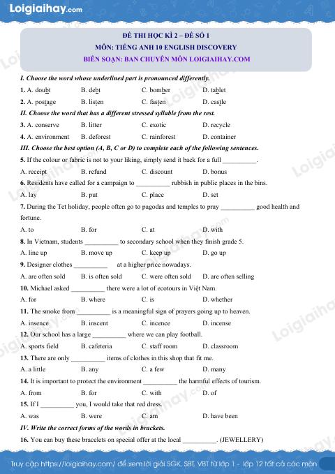 Đề thi học kì 2 Tiếng Anh 10 English Discovery - Đề số 1